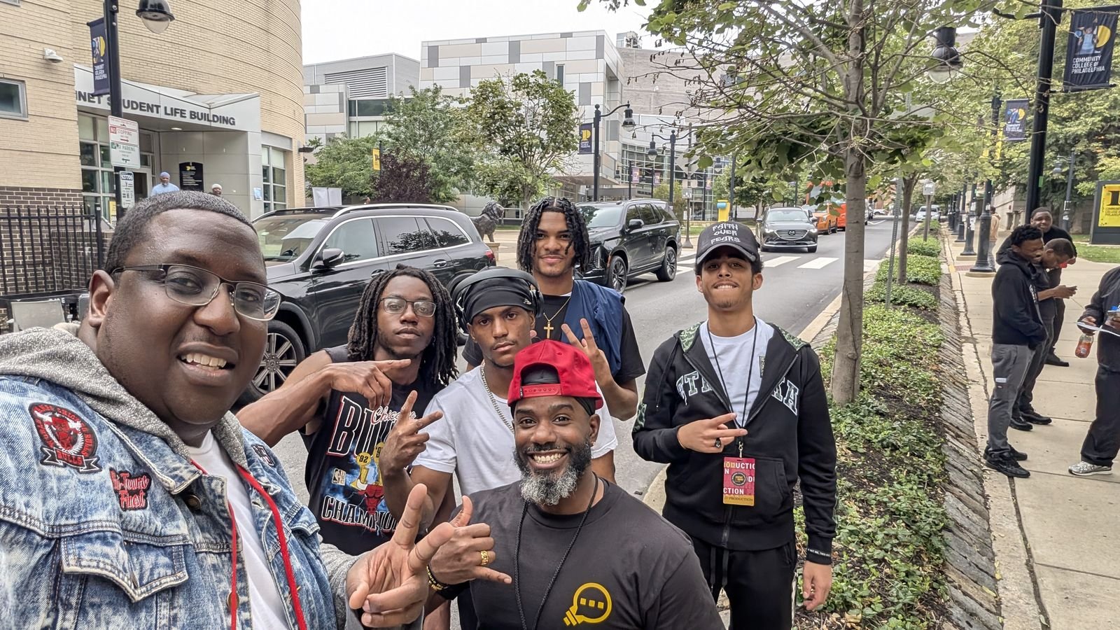 With young men outside Community College of Philadelphia